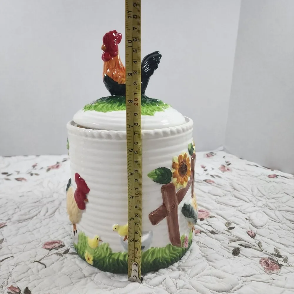 Vintage Ceramic Rooster Sunflower Canister Cookie Jar 3D Farmhouse Ribbed